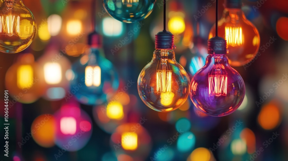 Poster an array of colorful light bulbs hanging from a wire in an artistic arrangement, showcasing various 