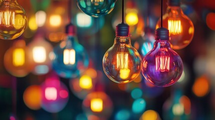 an array of colorful light bulbs hanging from a wire in an artistic arrangement, showcasing various shapes and sizes.