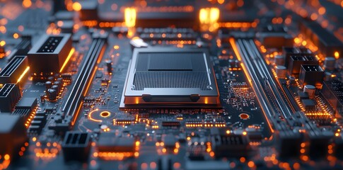 Obraz premium Close-up of a circuit board with glowing components, showcasing technological design.