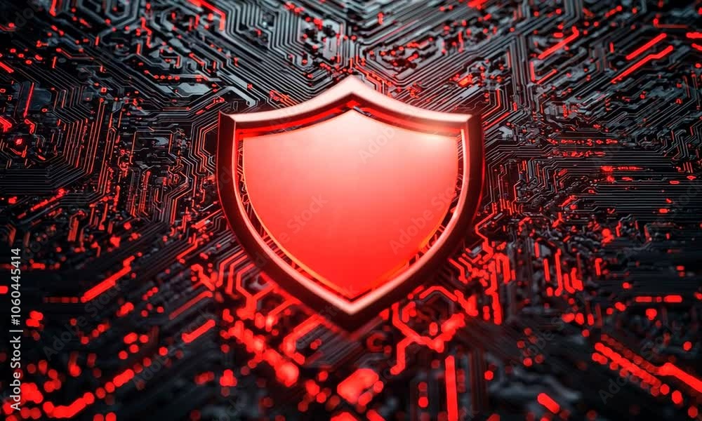 Poster a striking red shield icon set against a dark, circuit-patterned background, symbolizing protection 