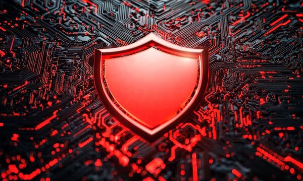 A striking red shield icon set against a dark, circuit-patterned background, symbolizing protection and security in technology.