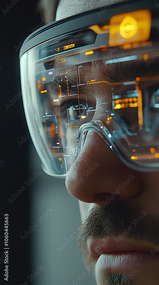Aufkleber close-up of a person wearing augmented reality glasses with digital interfaces displayed.