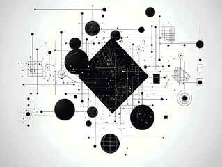 Obraz premium An abstract digital art piece featuring geometric shapes in black and white, including circles, squares, and lines, creating a complex, modern composition.