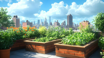 Fototapeta premium Rooftop Garden with City Skyline Illustration