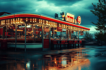 Retro American restaurant on a rainy night