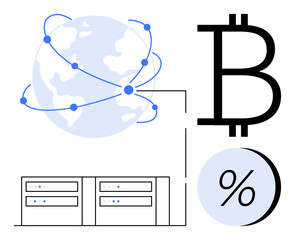 Networked globe connected by dots, Bitcoin symbol, data servers, and percentage icon. Ideal for cryptocurrency, blockchain technology, global finance, data storage, digital transactions, fintech