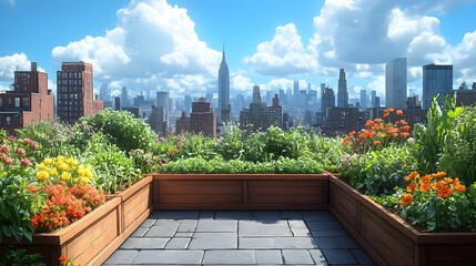 Fototapeta premium Rooftop Garden with City Skyline View - Illustration