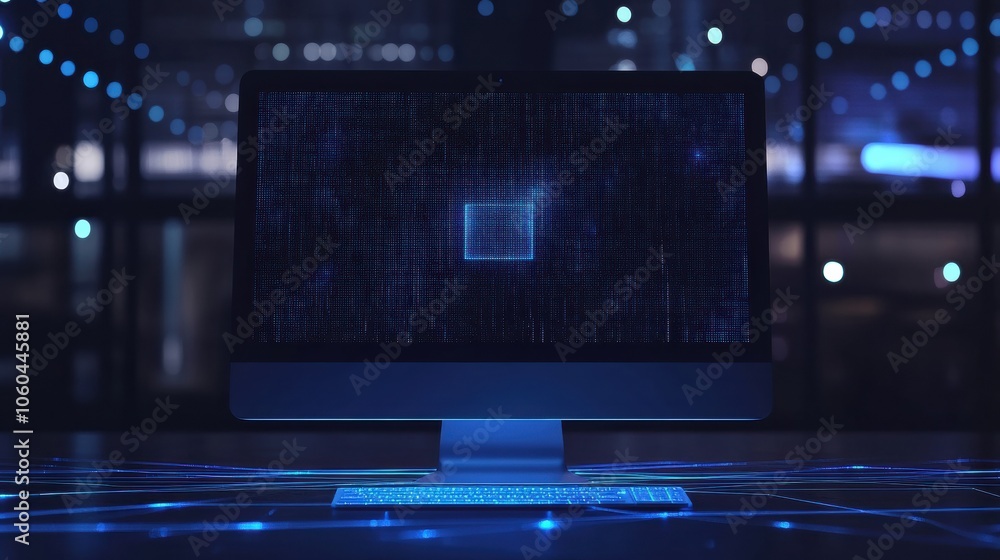 Poster A computer screen is lit up with a blue protection icon while glowing elements surround the device in a dimly lit workspace. Generative AI