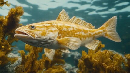 Obraz premium Yellow fish with black stripes swims in a kelp forest.