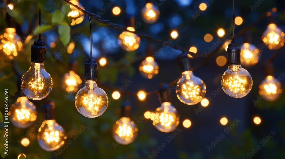 Poster an array of colorful light bulbs hanging from a wire in an artistic arrangement, showcasing various 