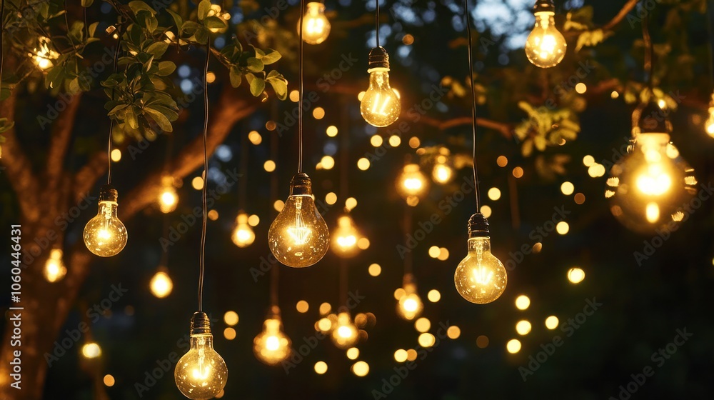 Poster an array of colorful light bulbs hanging from a wire in an artistic arrangement, showcasing various 