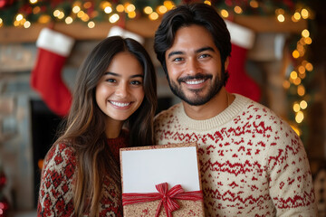 A happy couple wearing holiday sweaters holds a beautifully wrapped gift in front of a decorated...