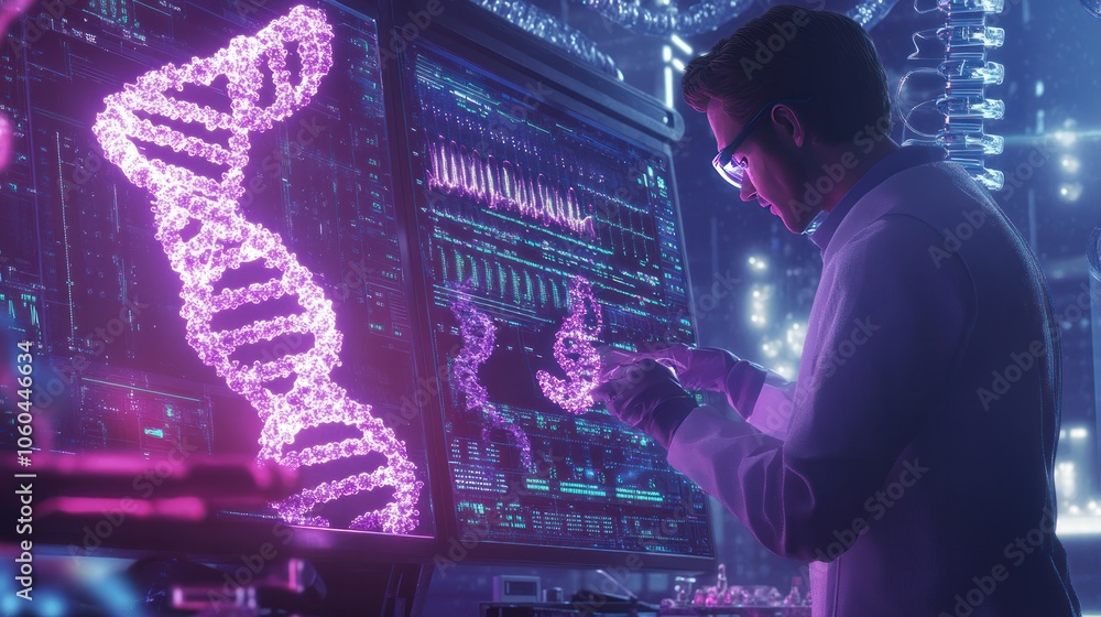 Poster a dna molecule being manipulated by a scientist in a laboratory setting, surrounded by advanced equi