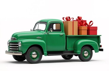 A classic green truck loaded with festive gifts, perfect for delivering joy this New Year season. Each present is wrapped in eco-friendly kraft packaging, spreading holiday cheer.