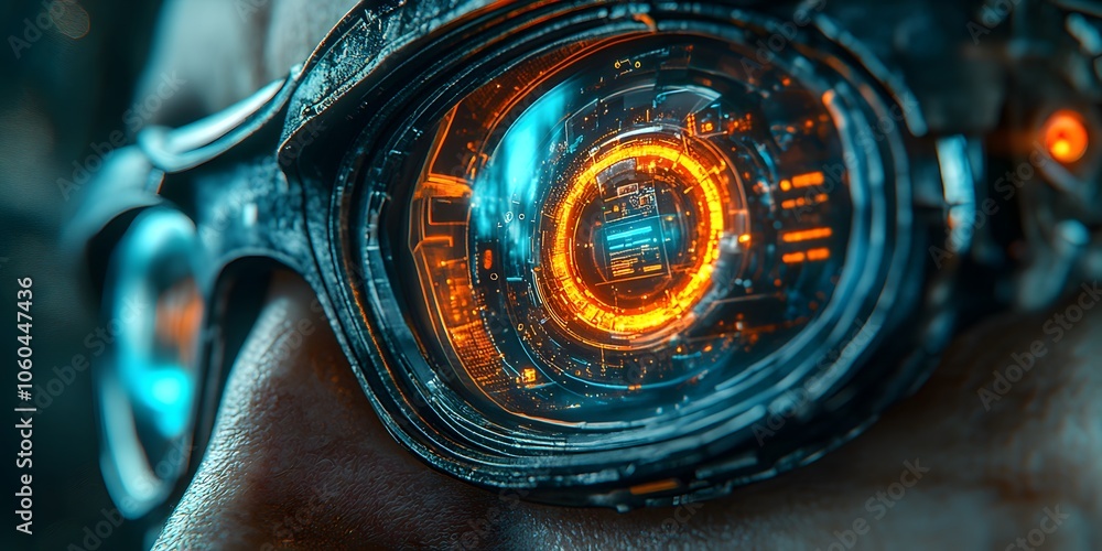 Poster close-up of futuristic goggles with intricate digital elements and glowing details.