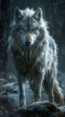 Obraz premium Majestic grey wolf standing in snowy forest, showcasing its thick fur and piercing yellow eyes. atmosphere is serene yet powerful, capturing essence of wilderness