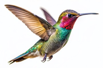 Obraz premium Captivating Hummingbird in Flight Isolated on White Background - Stunning Nature Photography, Vibrant Colors, Wildlife Beauty, High Resolution, Bird Watching, Natural Habitat, Macro Shot