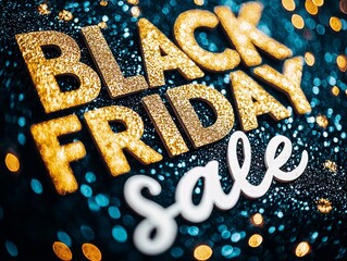A strikingly designed 'Black Friday Sale' poster, embellished with gold glitter and bokeh lights, creating a festive and alluring impression for shopping enthusiasts.