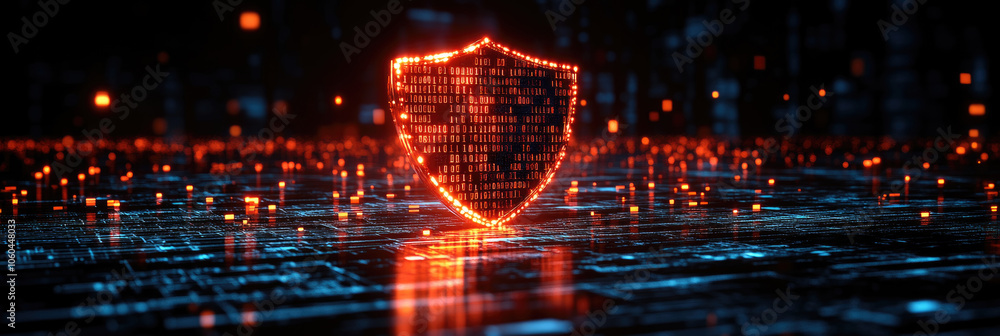 Poster a vibrant shield made of binary code illuminates a dark, tech-themed landscape filled with glowing p