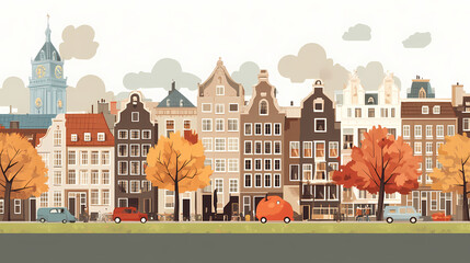 Fototapeta premium A flat design of the cityscape of Amsterdam with brown. There are several cars parked on both sides of the street under trees with colored leaves.
