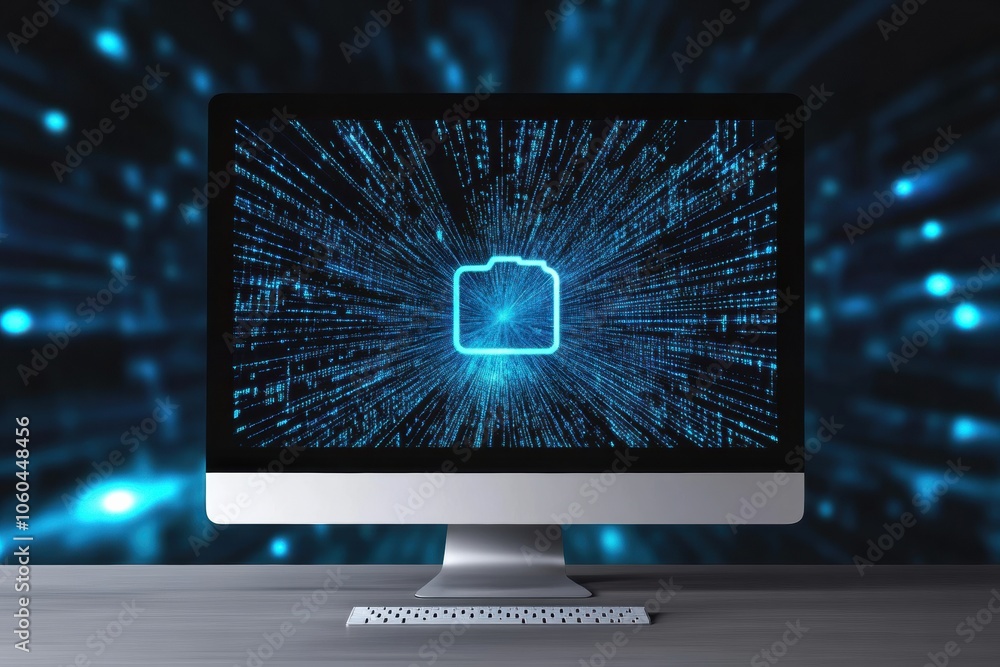 Poster A sleek computer screen shows a glowing protection icon surrounded by vibrant digital patterns in a tech workspace setting. Generative AI
