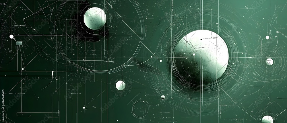 Poster abstract digital illustration of planets and geometric patterns against a deep green backdrop, evoki