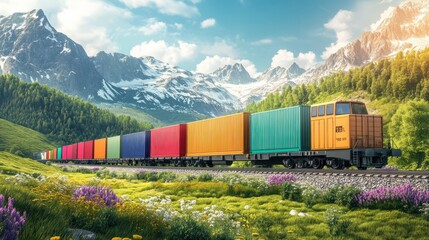 Fototapeta premium A freight train traveling through a scenic landscape, carrying colorful shipping containers,