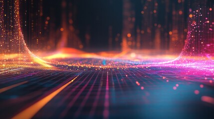 vibrant, abstract representation of data and technology, with colorful lines and dots interconnected to form a complex graph.
