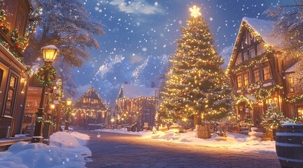 Traditional Christmas Village Scene with Holiday Lights and Snowfall (christmas-tree)