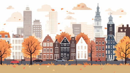 Obraz premium A flat design of the cityscape of Amsterdam with brown. There are several cars parked on both sides of the street under trees with colored leaves.
