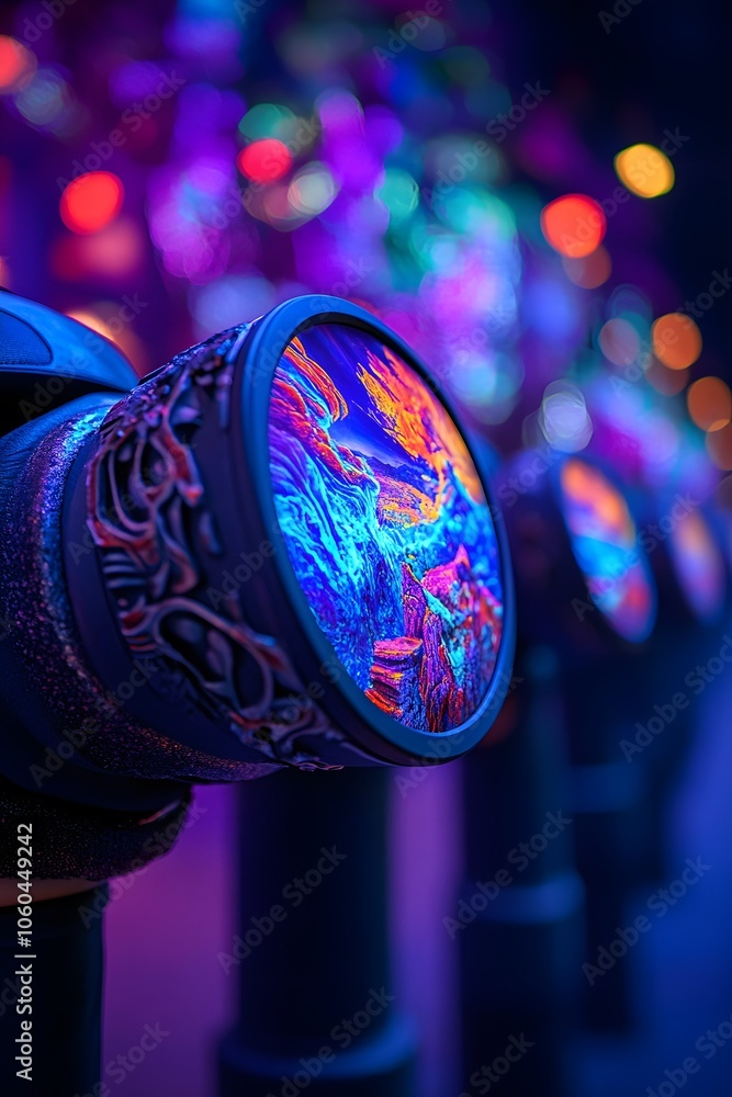 Poster colorful illuminated objects with intricate designs in a vibrant setting.