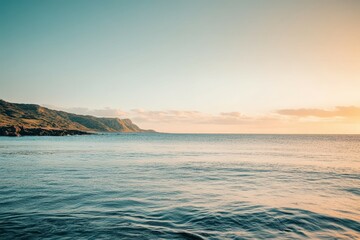 A serene sunset scene over the ocean on a cloudy day, perfect for travel or nature-themed projects. Beautiful simple AI generated image