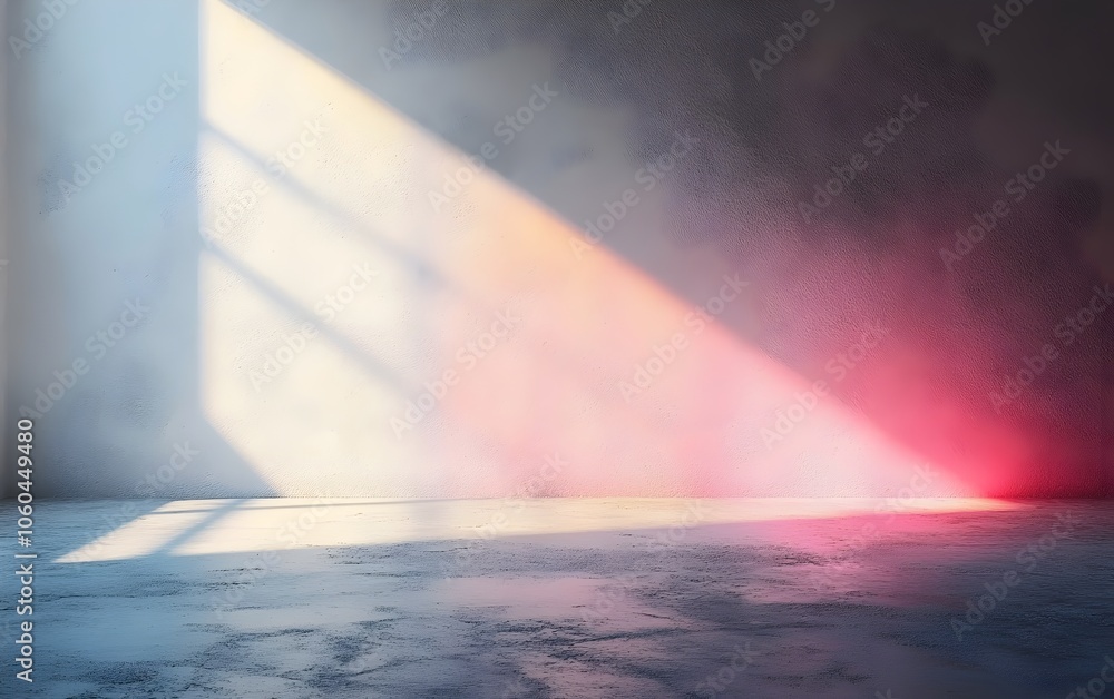 Poster a serene, minimalist interior with soft light casting colorful shadows on a textured wall, creating 