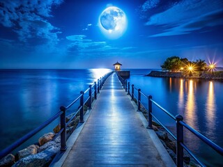 Fototapeta premium Captivating Moonlit Path over Serene Sea: Architectural Nightscape in Vector Blue, Evoking Tranquility and Beauty