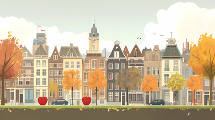 Fototapeta premium A flat design of the cityscape of Amsterdam with brown. There are several cars parked on both sides of the street under trees with colored leaves.
