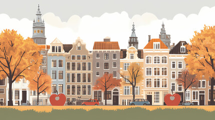 Fototapeta premium A flat design of the cityscape of Amsterdam with brown. There are several cars parked on both sides of the street under trees with colored leaves.