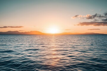 Obraz premium A serene sunset scene over the ocean on a cloudy day, perfect for travel or nature-themed projects. Beautiful simple AI generated image