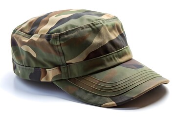 Close-Up Of Camouflage Cap Over White Background.