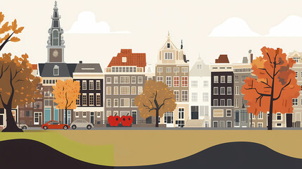 A flat design of the cityscape of Amsterdam with brown. There are several cars parked on both sides of the street under trees with colored leaves.