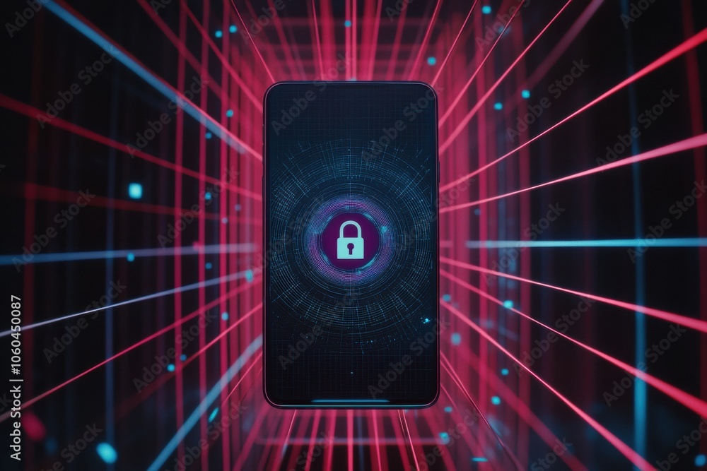 Poster a smartphone displays a lock icon, highlighting digital security in a vibrant, high-tech environment