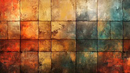 Abstract textured background with orange, red and teal gradient colors. Geometric square pattern with distressed effect. Rustic stone tile texture with grunge overlay. Vintage architectural mosaic 