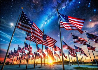 Naklejka premium Captivating Night Photography of Flag Silhouettes Against a Starry Sky – Dramatic Lighting, Vibrant Colors, and Striking Compositions for Stunning Visual Impact