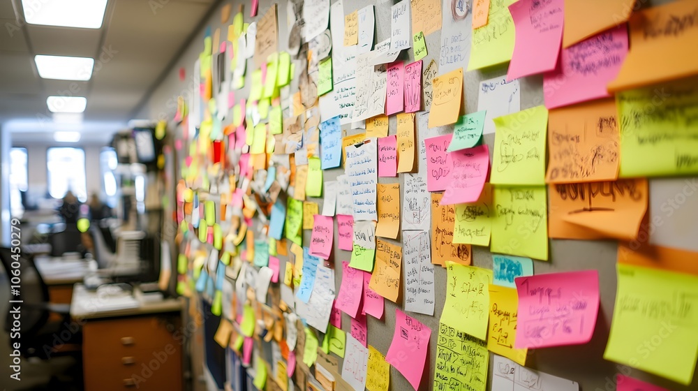 Poster collaborative brainstorming session with notes and diagrams on office wall