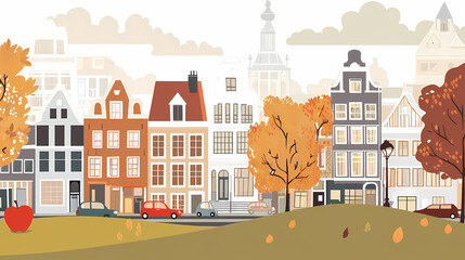 A flat design of the cityscape of Amsterdam with brown. There are several cars parked on both sides of the street under trees with colored leaves.