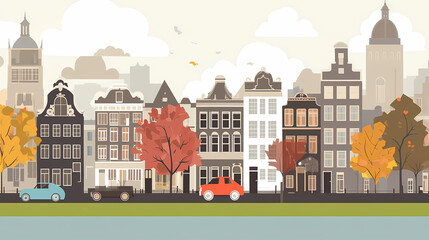 Fototapeta premium A flat design of the cityscape of Amsterdam with brown. There are several cars parked on both sides of the street under trees with colored leaves.
