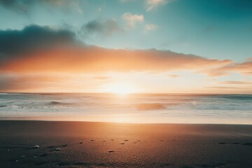 A serene sunset scene over the ocean on a cloudy day, perfect for travel or nature-themed projects. Beautiful simple AI generated image