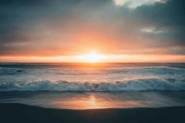 Fototapeta premium A serene sunset scene over the ocean on a cloudy day, perfect for travel or nature-themed projects. Beautiful simple AI generated image