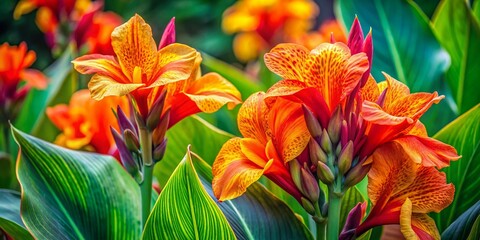 Fototapeta premium Captivating Portrait of Canna Flowers in Bloom, Vibrant Colors and Lush Greenery, Ideal for Nature Lovers and Floral Enthusiasts, Perfect for Botanical Illustrations and Wall Art