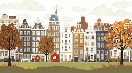 Fototapeta premium A flat design of the cityscape of Amsterdam with brown. There are several cars parked on both sides of the street under trees with colored leaves.