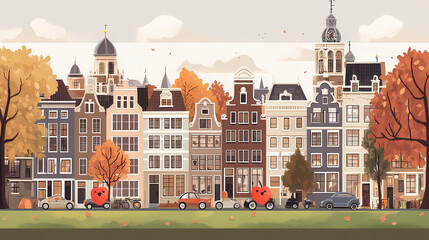 Obraz premium A flat design of the cityscape of Amsterdam with brown. There are several cars parked on both sides of the street under trees with colored leaves.